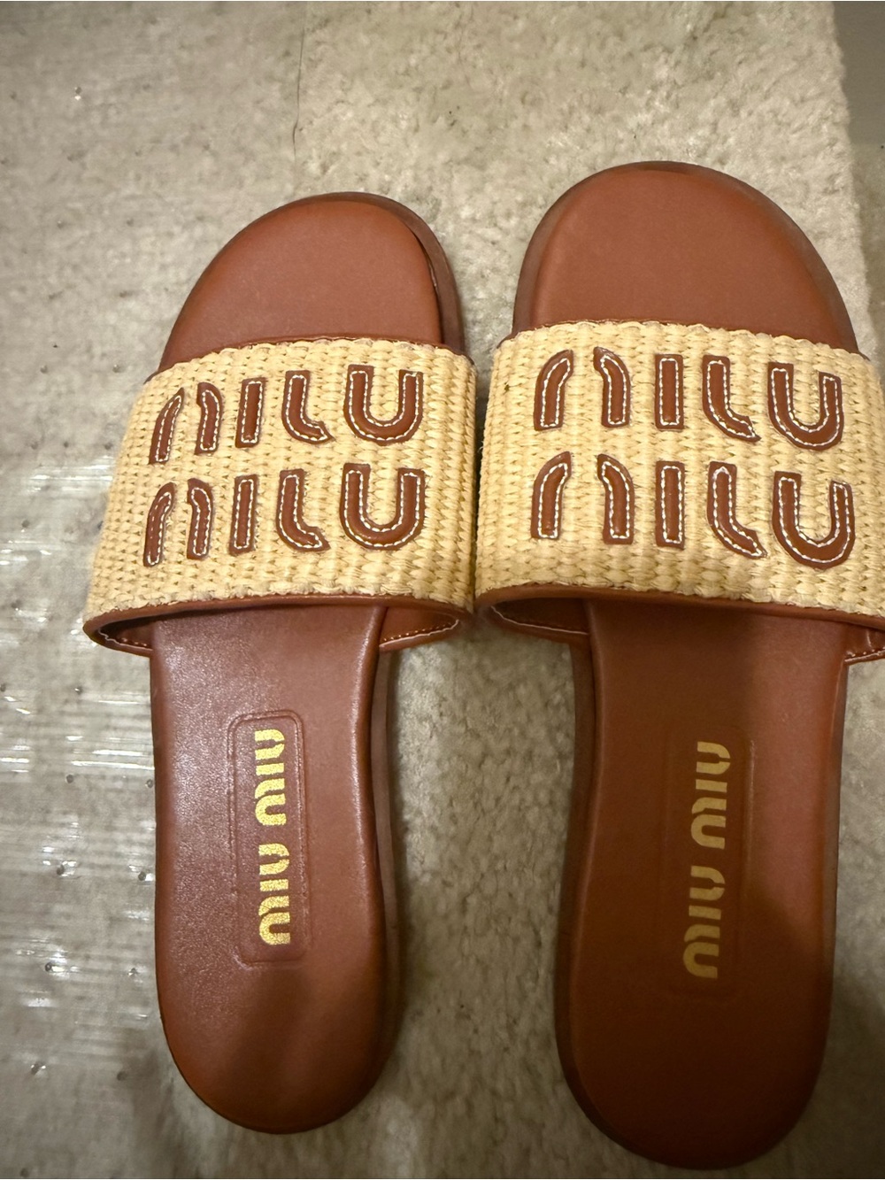 Miu Miu Brown Leather Raffia Slide Sandals - Picture 5 of 5